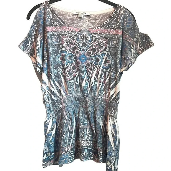 Forever 21 small printed cold shoulder elastic waist top - Picture 1 of 6